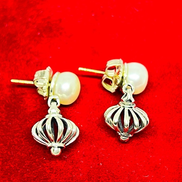 Lagos Caviar 8.5 mm Pearl Stud Drop Dangle Fluted Sterling silver Earrings .925 - Picture 2 of 13